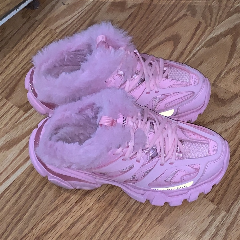 balenciaga fur track trainers.